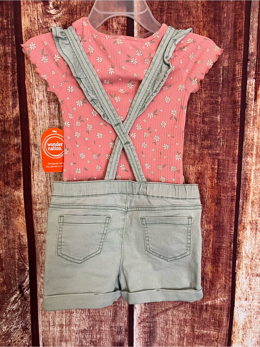 Wonder Nation | Sage Green Denim Shortall with Pink Floral Tee - Picture 2 of 9